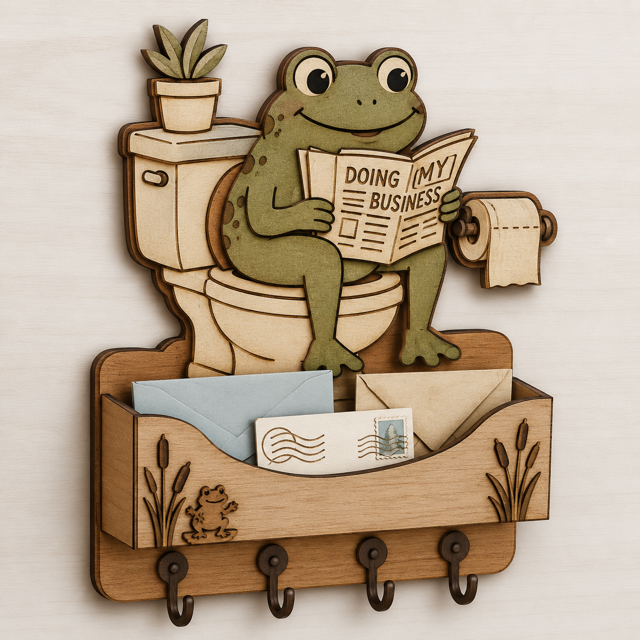 Animated video showcasing a funny Frog On Toilet Mail Holder SVG laser cut file featuring a layered wooden wall organizer with key hooks, mail storage pocket, and humorous bathroom decor design compatible with Glowforge and CNC machines.