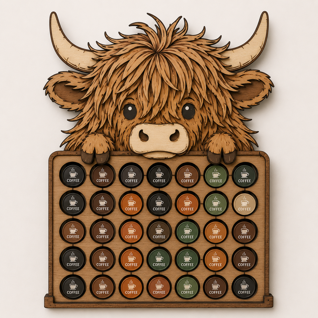 Animated showcase of a Highland Cow Coffee Pod Holder SVG featuring a layered laser cut design, 35-pod Nespresso capsule storage, farmhouse kitchen decor, Glowforge compatibility, and rustic coffee station organization.