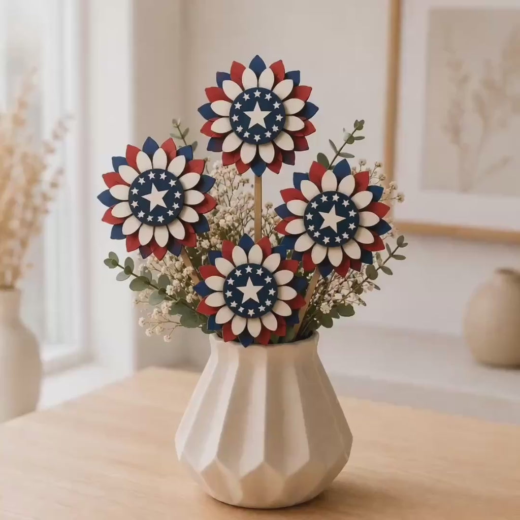 Patriotic 4th of July Flower Bouquet SVG with layered red white blue wooden flowers, star accents, laser cut design, Independence Day decor, and Glowforge digital download.