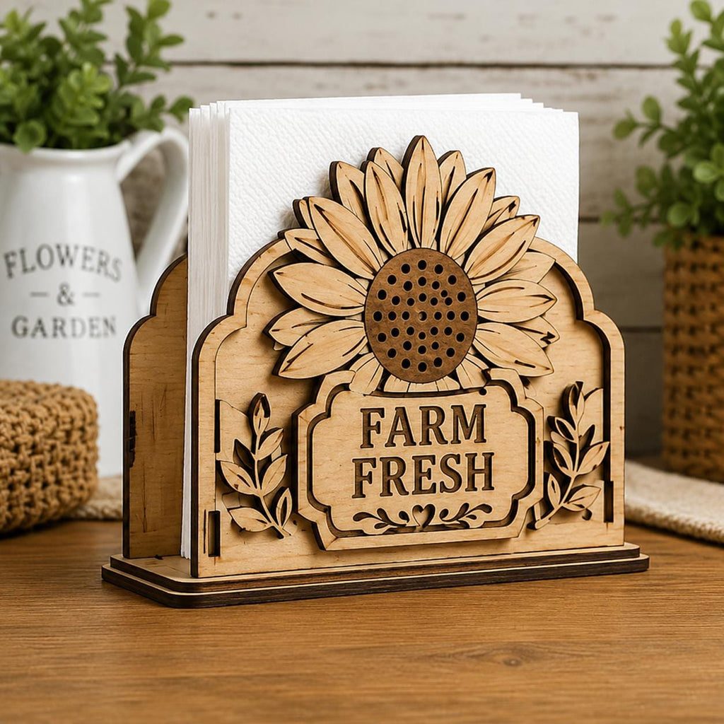 Rustic farmhouse napkin holder featuring a large sunflower and Farm Fresh engraving. SVG digital download for laser cutting, home decor crafts, wooden table accessories, and personalized gifts.