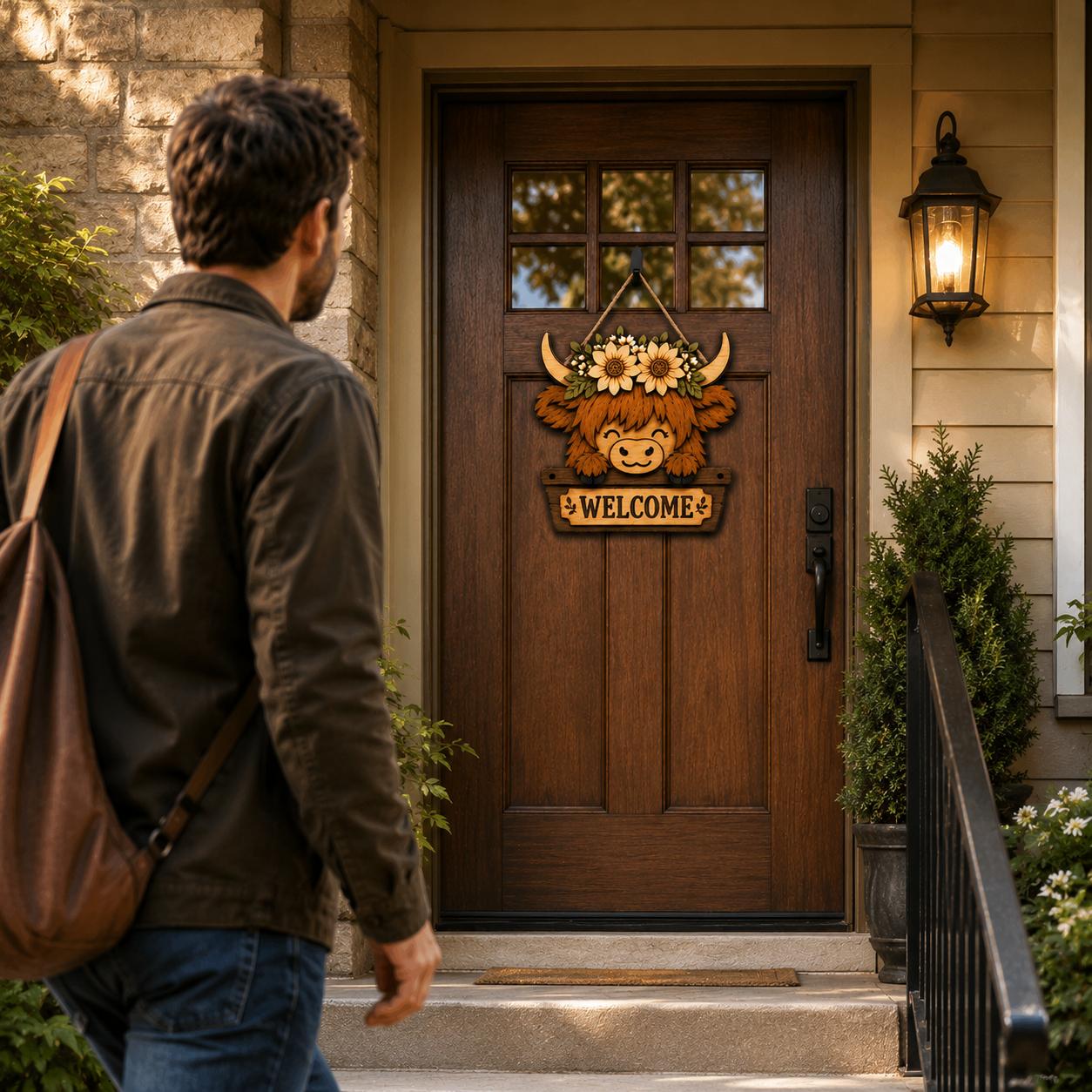Highland cow welcome sign displayed on a wooden front door, creating an inviting farmhouse entrance with floral rustic accents.