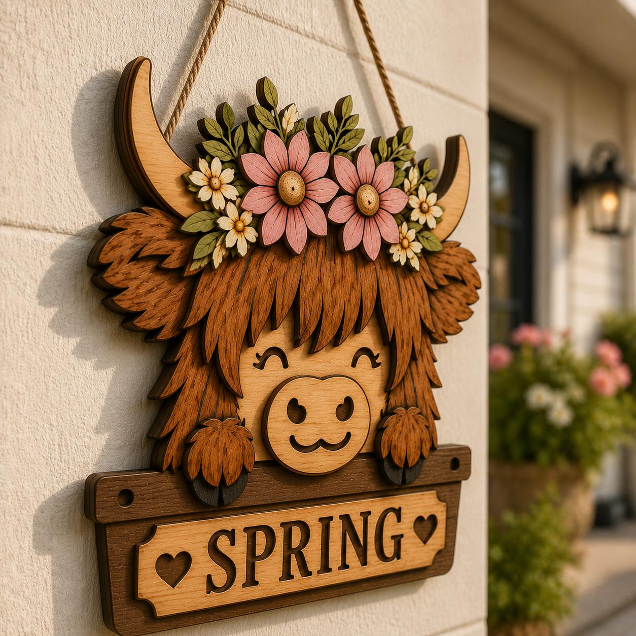 Rustic Spring Highland Cow layered wooden door hanger with pink floral crown, farmhouse SPRING sign, and laser cut details displayed on a porch wall.