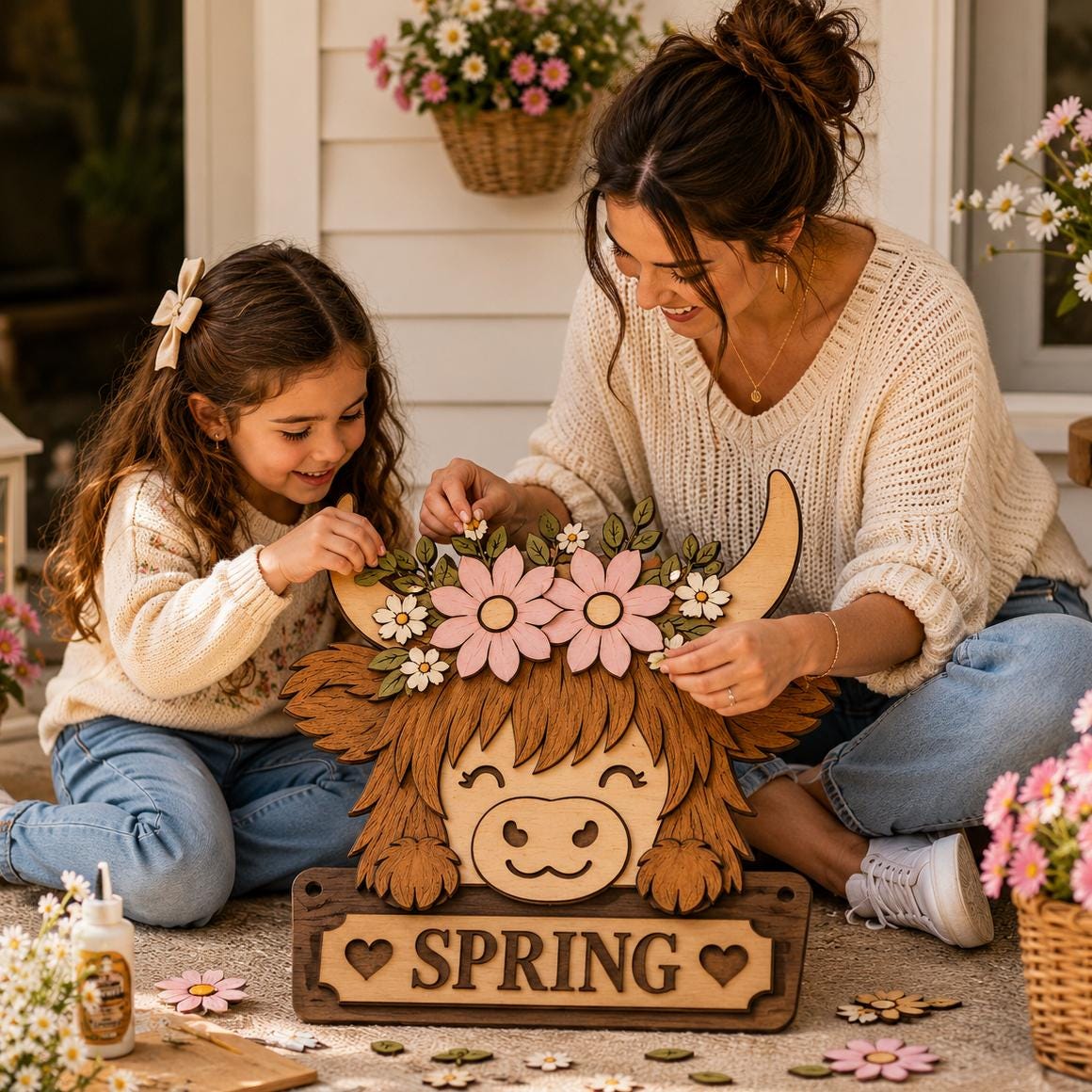 Mother and daughter assembling a floral Spring Highland Cow laser cut sign indoors, creating a layered wooden farmhouse decoration with spring flowers and rustic charm.