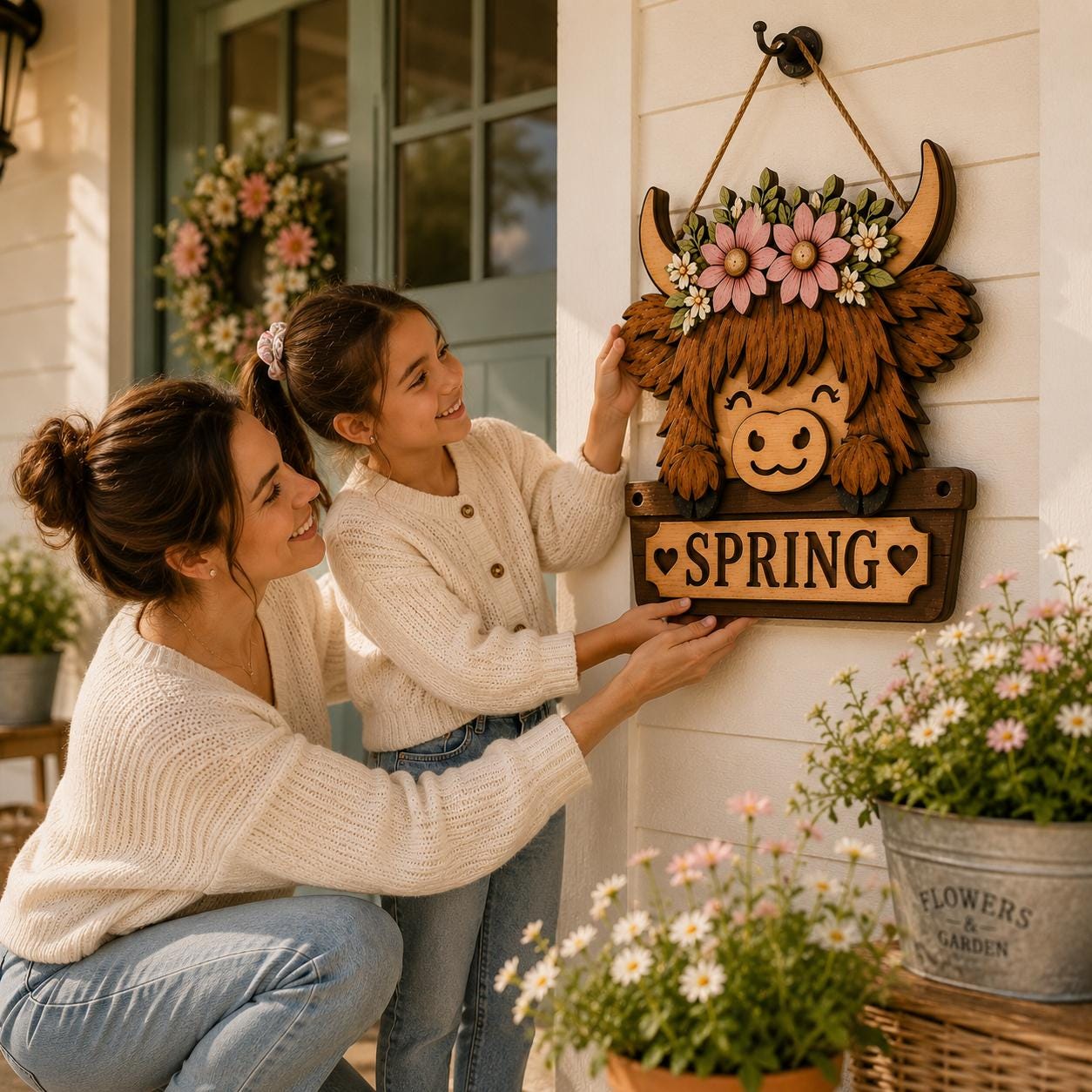 Mother and daughter hanging a Spring Highland Cow floral door sign on an exterior wall, showcasing layered laser cut farmhouse spring decor.