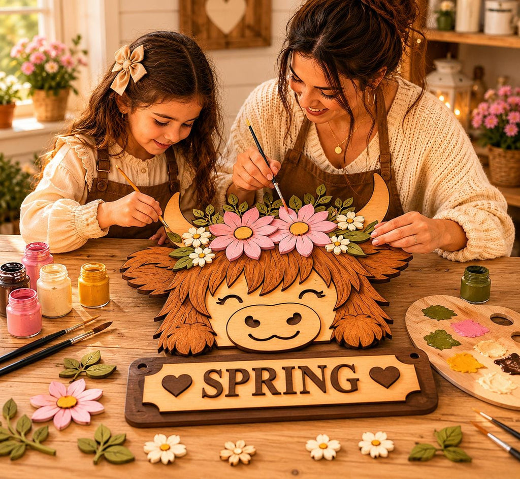 Mother and daughter painting a Spring Highland Cow layered SVG laser cut project with pink flowers, farmhouse sign, craft supplies, and DIY spring home decor.