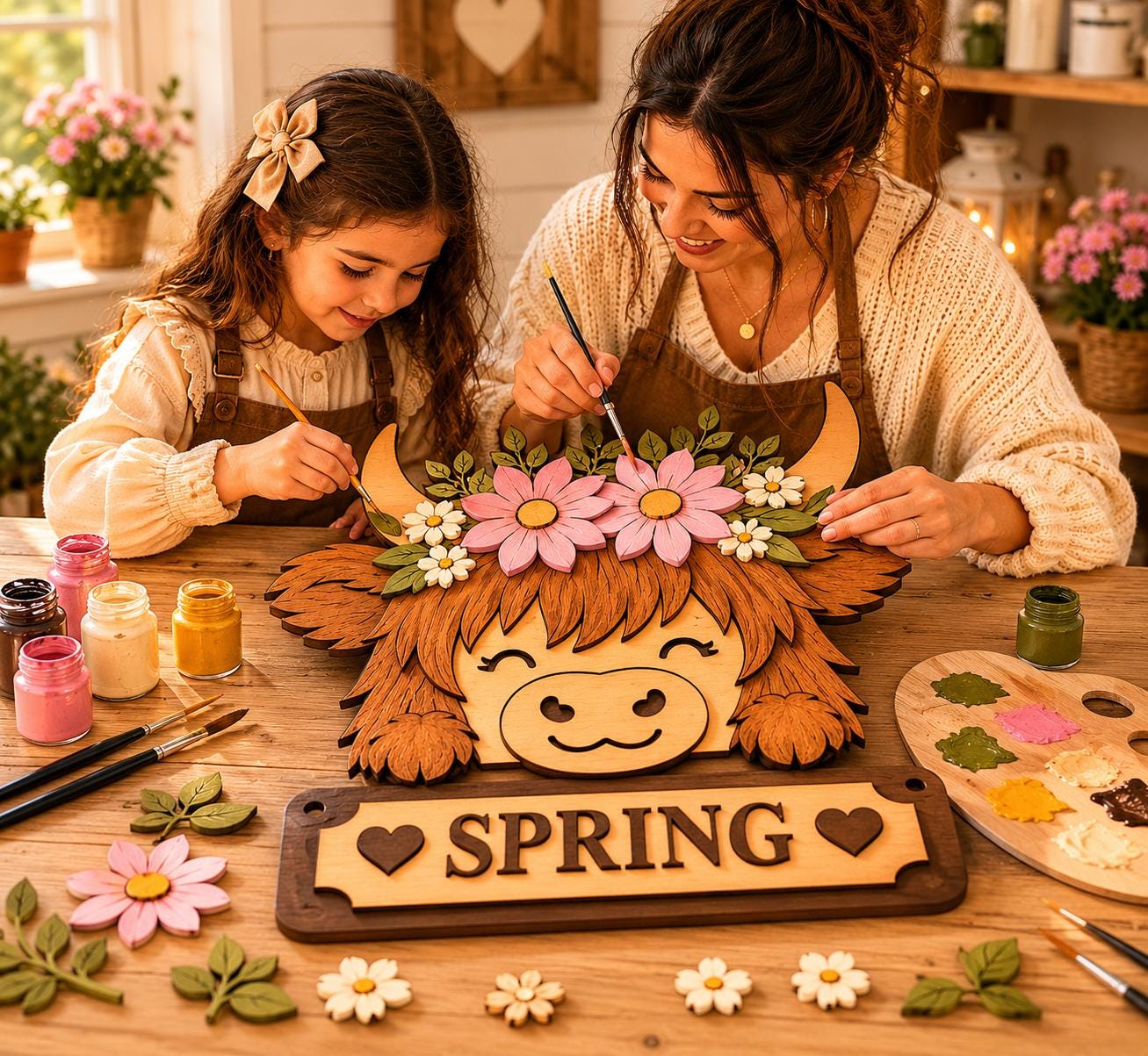 Mother and daughter painting a Spring Highland Cow layered SVG laser cut project with pink flowers, farmhouse sign, craft supplies, and DIY spring home decor.