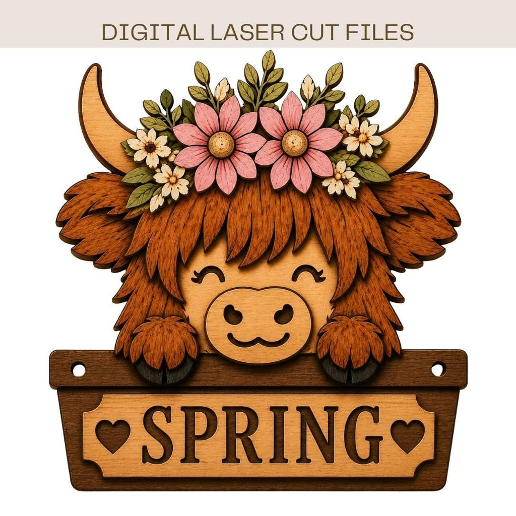Spring Highland Cow SVG laser cut design featuring a cute floral Highland cow with pink flowers, layered wooden farmhouse decor, and a rustic SPRING sign on a clean background.