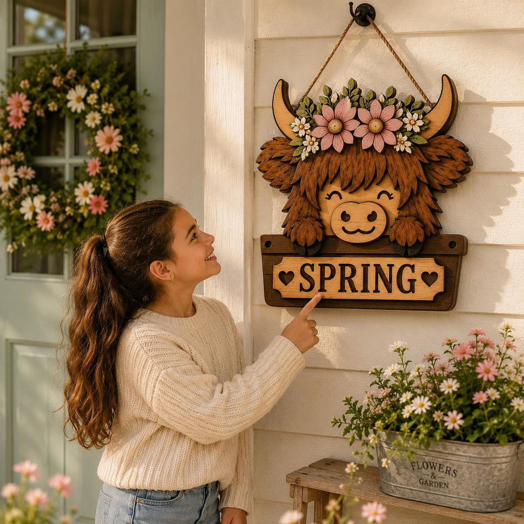 Young girl admiring a Spring Highland Cow floral door hanger mounted on a porch wall, featuring layered laser cut wood design and farmhouse spring decoration.