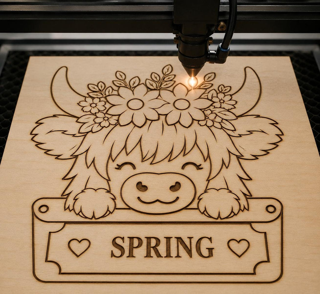 Laser engraving machine cutting a Spring Highland Cow SVG design into wood, showing detailed floral elements and a rustic SPRING sign for laser cutting projects.