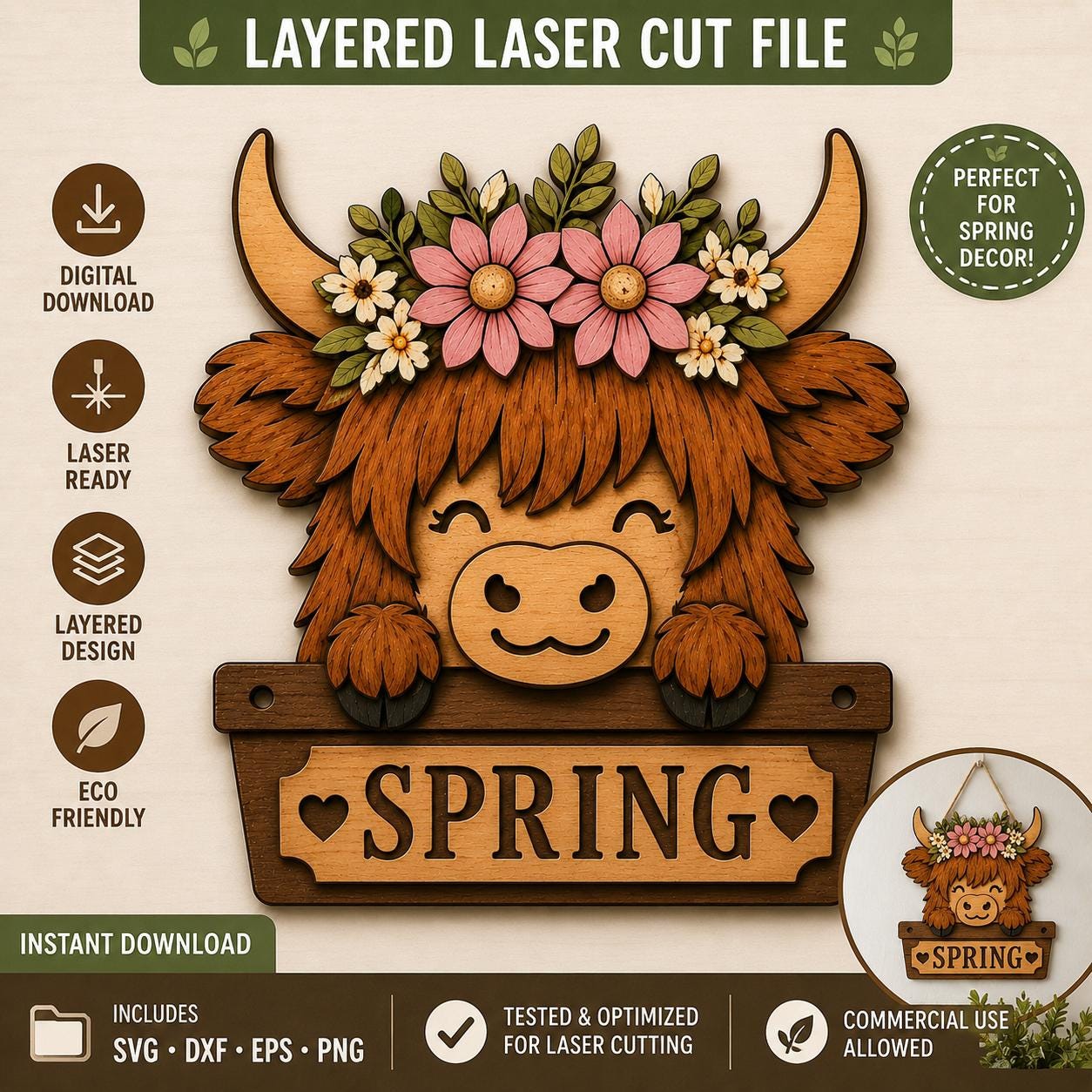 Layered Spring Highland Cow SVG laser cut file mockup with pink floral crown, farmhouse spring sign, SVG DXF EPS PNG formats, instant download, and laser-ready design features.
