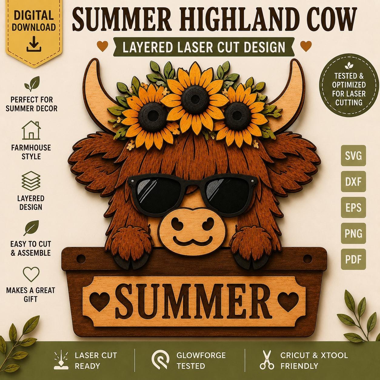 Summer Highland cow layered laser cut design with sunflowers, rustic farmhouse style, and multiple digital file formats including SVG, DXF, EPS, PNG, and PDF.