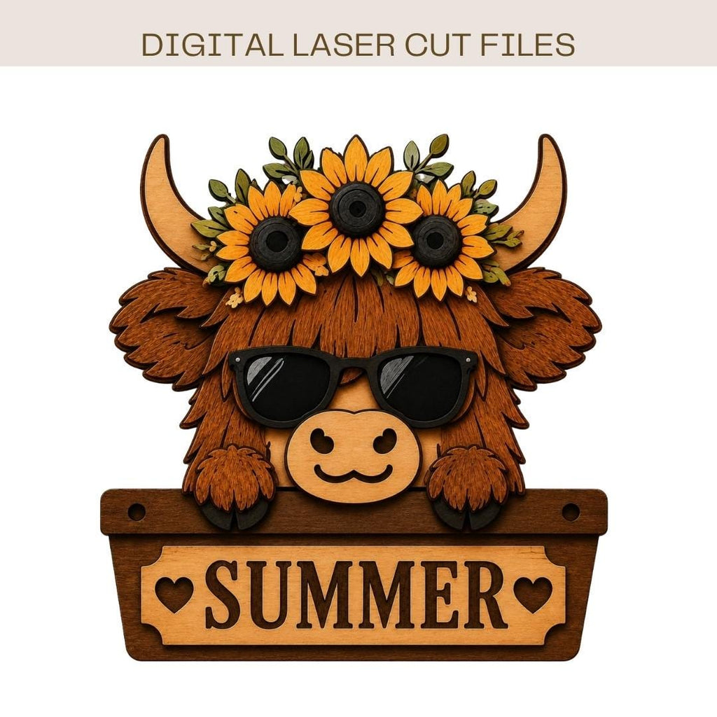 Layered Highland cow SVG with sunflower crown and sunglasses, featuring a personalized Summer sign, designed for laser cutting and farmhouse door decor.