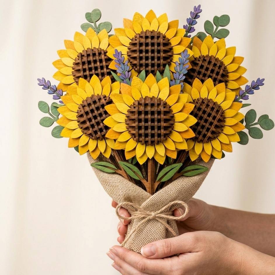 Layered sunflower bouquet laser cut SVG file with detailed wooden flowers, decorative leaves, and rustic wrapping. Perfect for Glowforge, xTool, CNC cutting, and DIY floral craft projects.