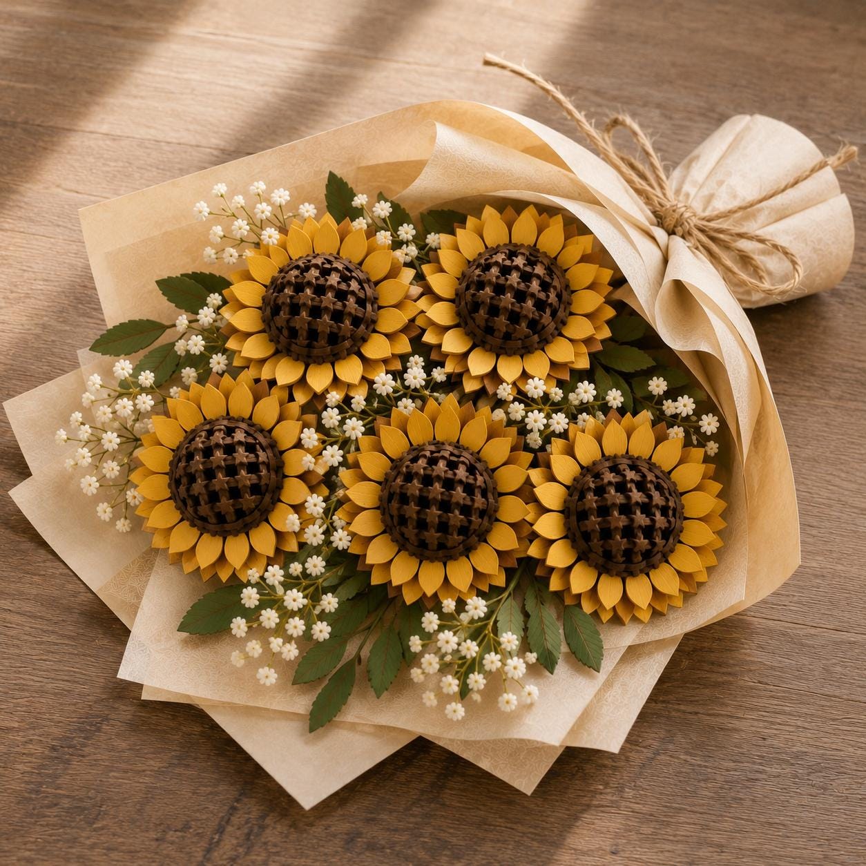 Top view of a layered sunflower bouquet laser cut design with realistic wooden flowers and decorative wrapping. Ideal SVG file for Glowforge, xTool, CNC routers, floral gifts, and farmhouse decor.