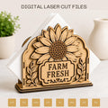 Rustic sunflower napkin holder SVG featuring a layered Farm Fresh design with floral accents. Perfect laser cut file for farmhouse kitchen decor, wooden napkin stand projects, Glowforge, xTool, LightBurn, and CNC cutting.