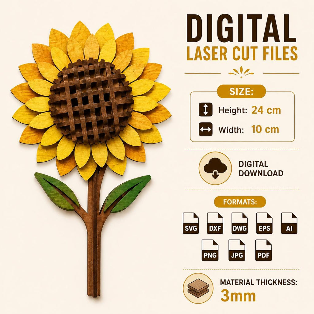 Single layered sunflower laser cut SVG file with detailed woven center and wooden petals. Ideal for Glowforge, xTool, laser cutting, CNC woodworking, floral decor, and handmade craft projects.