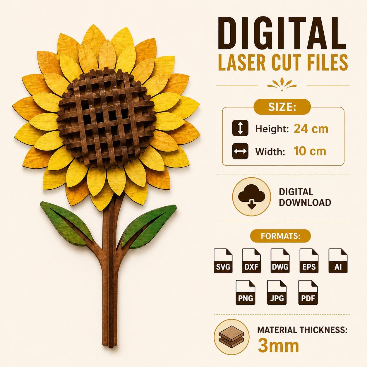 Single layered sunflower laser cut SVG file with detailed woven center and wooden petals. Ideal for Glowforge, xTool, laser cutting, CNC woodworking, floral decor, and handmade craft projects.