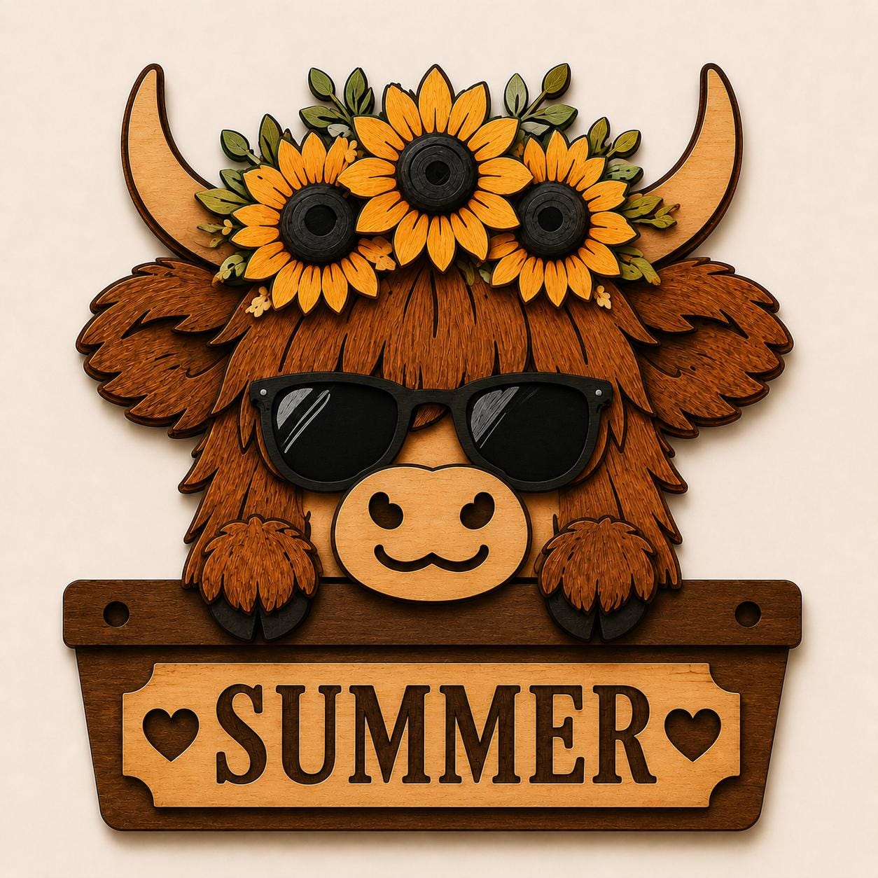 Finished layered Highland cow wall decor featuring bright sunflowers, sunglasses, rustic wood textures, and a decorative Summer nameplate.