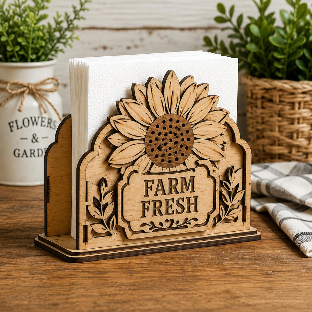 Wooden sunflower kitchen decor napkin holder with layered floral artwork and farmhouse charm. High-quality SVG laser cut file for DIY woodworking projects and farmhouse home decoration.