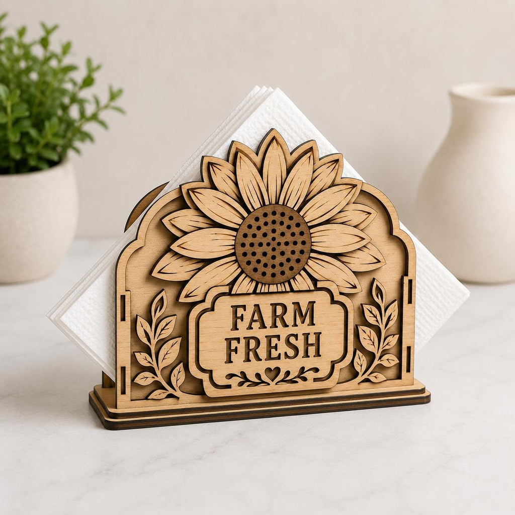 Decorative sunflower napkin stand made from layered wood with floral details and farmhouse styling. Laser cut SVG template compatible with Glowforge, LightBurn, xTool, and woodworking machines.