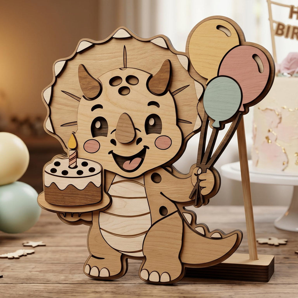 Wooden triceratops birthday cake topper with balloons and birthday cake, designed as a layered laser cut SVG file. Ideal for children's birthday decorations, Glowforge, LightBurn, xTool, and CNC projects.