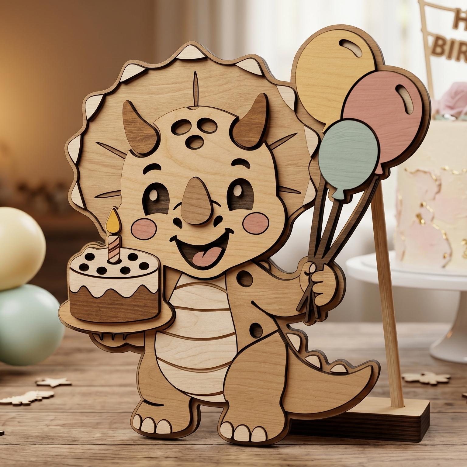 Wooden triceratops birthday cake topper with balloons and birthday cake, designed as a layered laser cut SVG file. Ideal for children's birthday decorations, Glowforge, LightBurn, xTool, and CNC projects.