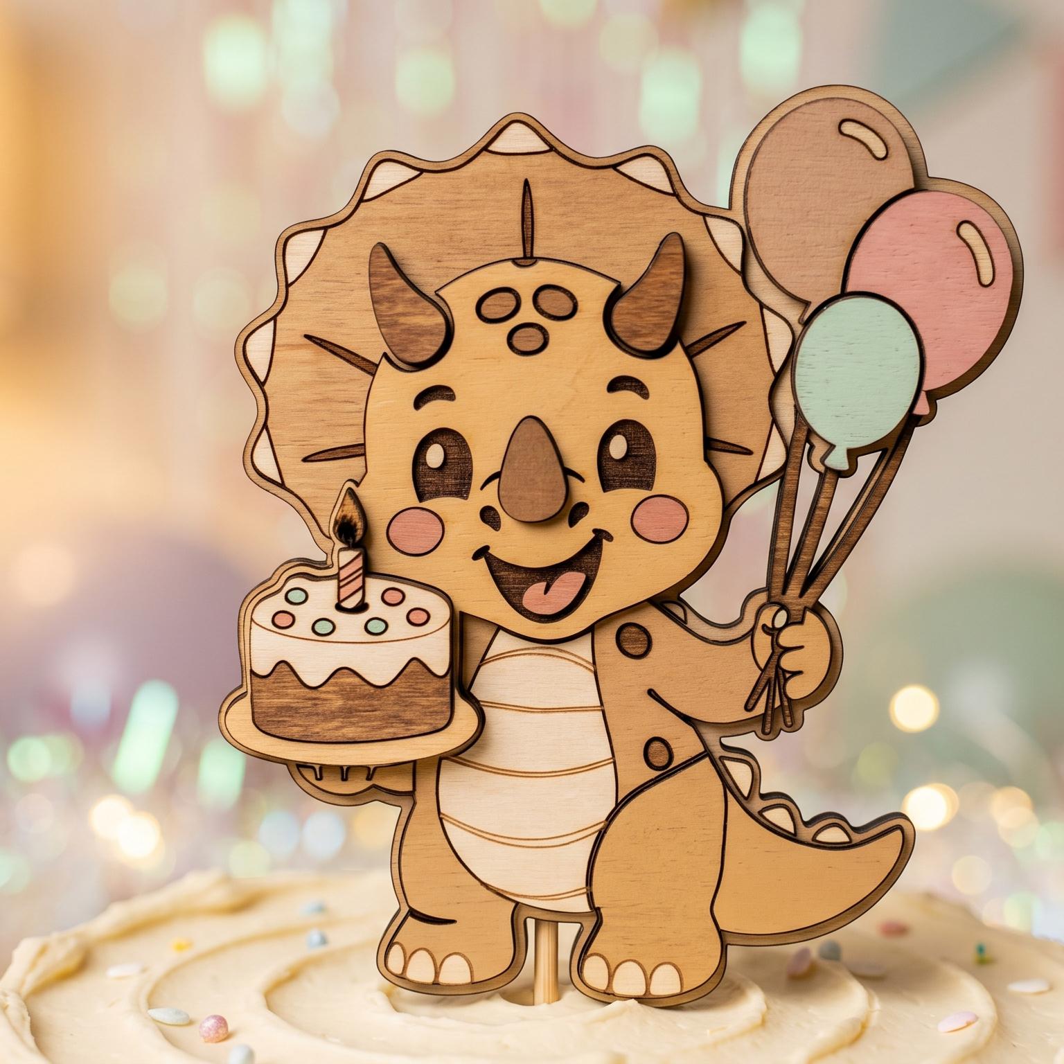 Layered triceratops birthday decoration featuring balloons, cake, and cheerful facial details. Digital SVG file for laser cutting, woodworking crafts, and dinosaur-themed birthday party decor.