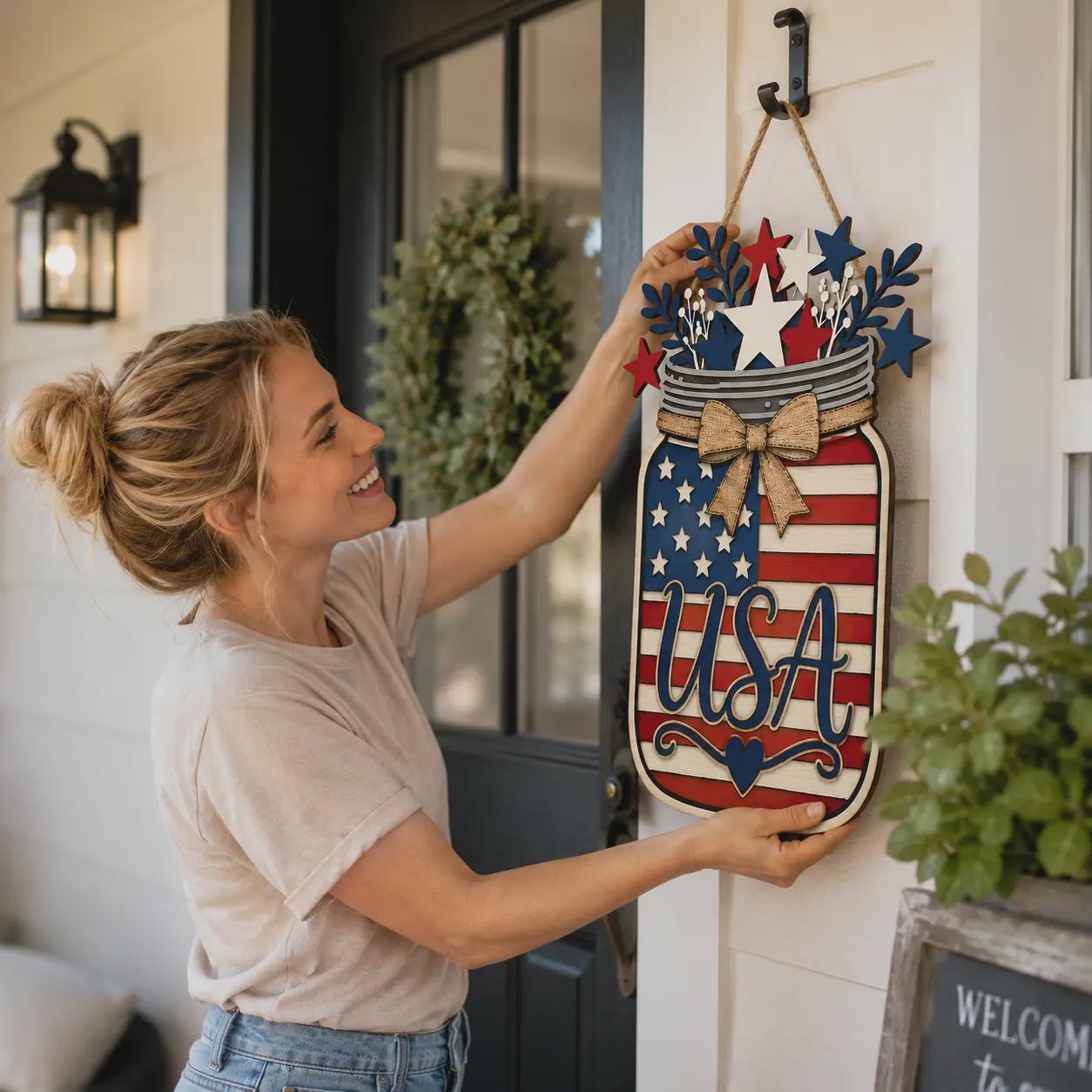 Woman hanging a patriotic USA Mason Jar sign on a front porch, showcasing the size, layered wood details, and farmhouse style laser cut decoration.