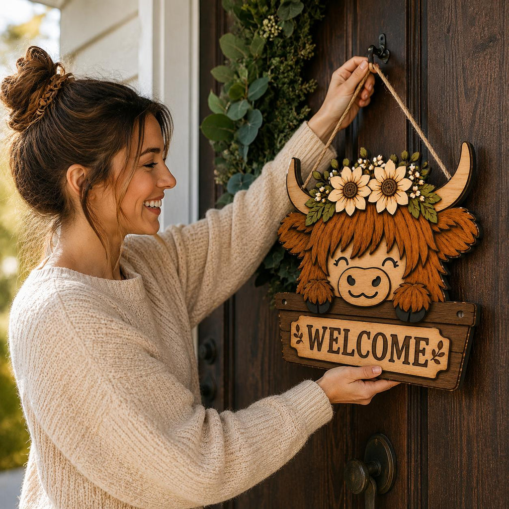 Woman hanging a Highland cow floral welcome sign on a front door, showcasing rustic farmhouse style and seasonal home decor inspiration.