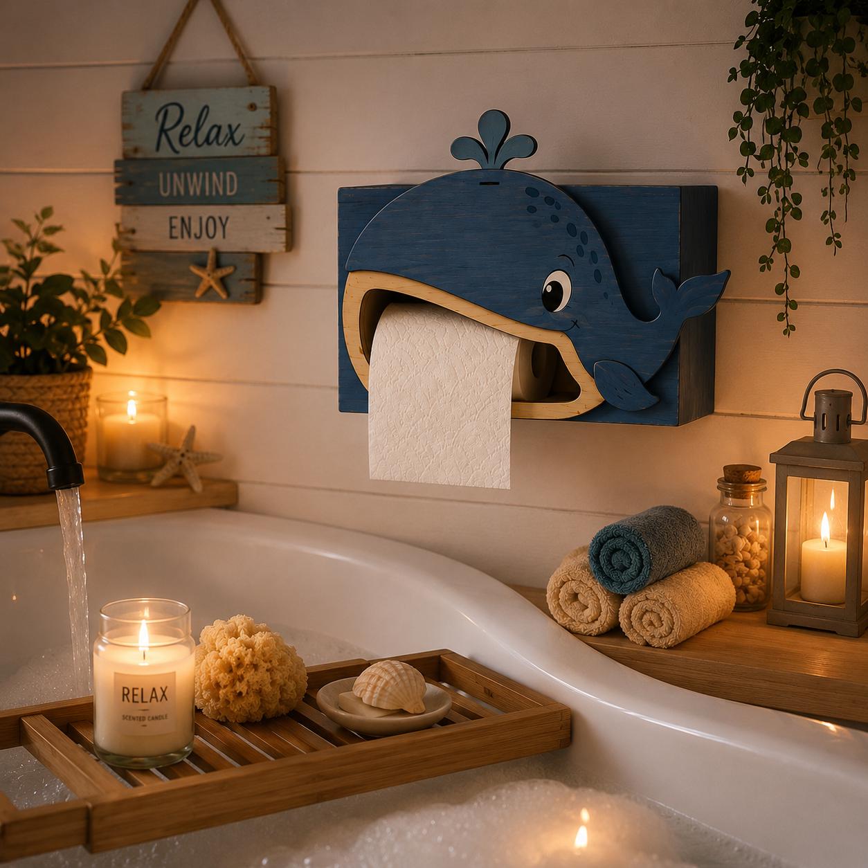 Decorative whale toilet paper holder showcased in a relaxing spa-style bathroom with candles and warm lighting. Laser cut SVG design ideal for creating unique bathroom accessories and handmade gifts.