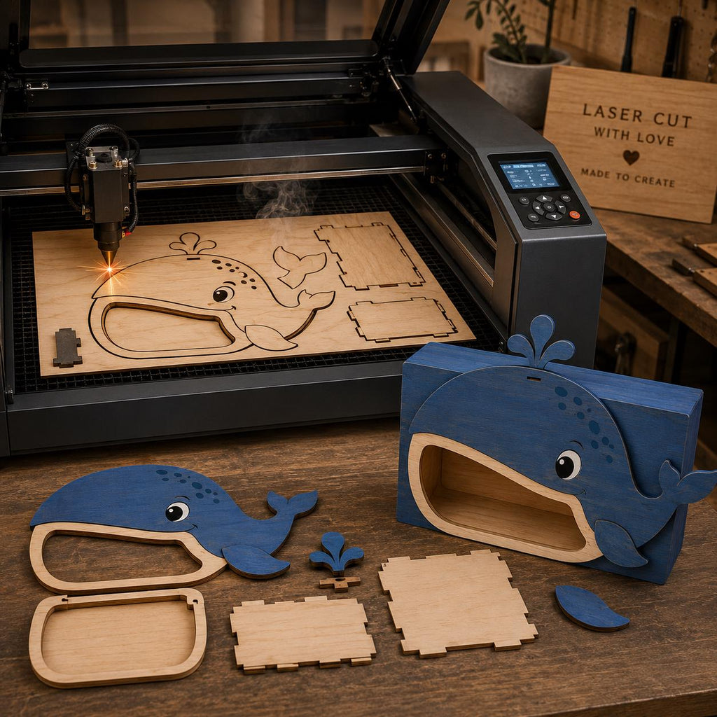 Whale toilet paper holder SVG file being cut and assembled using a laser cutter. DIY woodworking project compatible with Glowforge, xTool, LightBurn, and other laser engraving machines.
