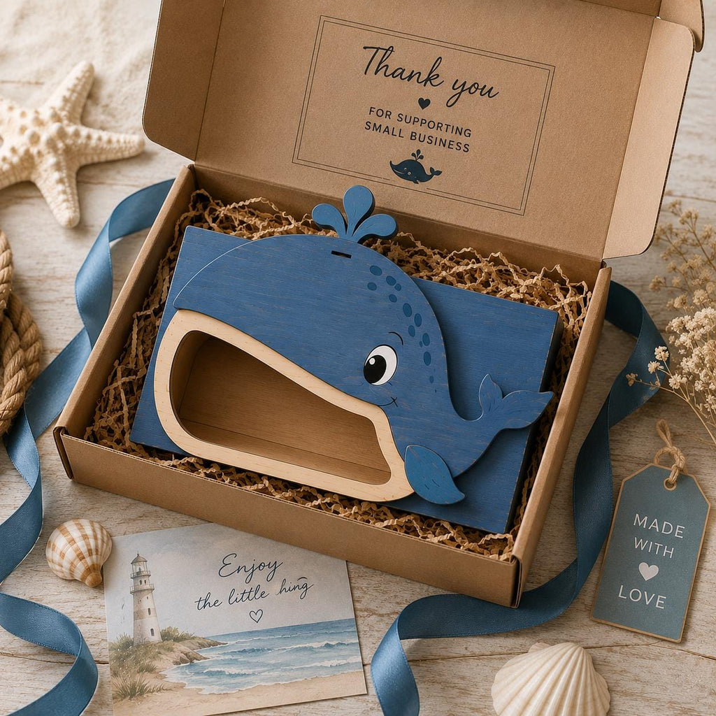 Finished whale toilet paper holder presented in gift packaging with coastal-themed decorations. Unique laser cut SVG file perfect for handmade gifts, beach house decor, and woodworking enthusiasts.
