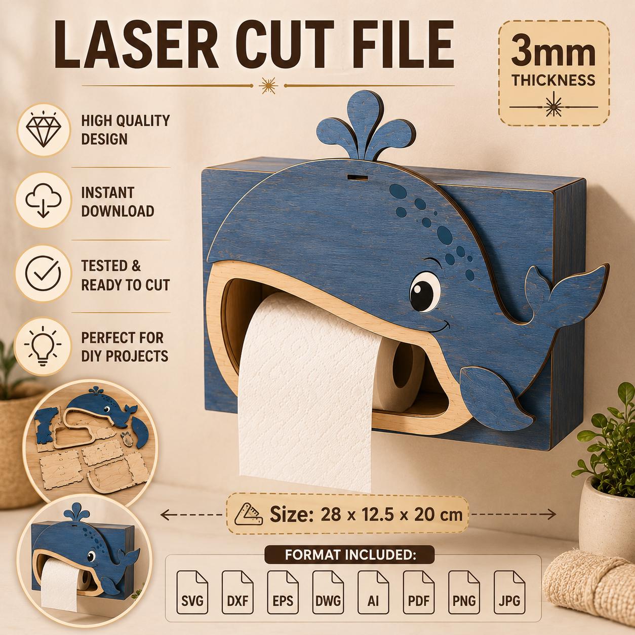 Blue whale toilet paper holder laser cut file mounted on a bathroom wall, featuring a playful whale mouth design that dispenses toilet paper. Creative SVG template for Glowforge, xTool, LightBurn, Cricut, and woodworking projects.