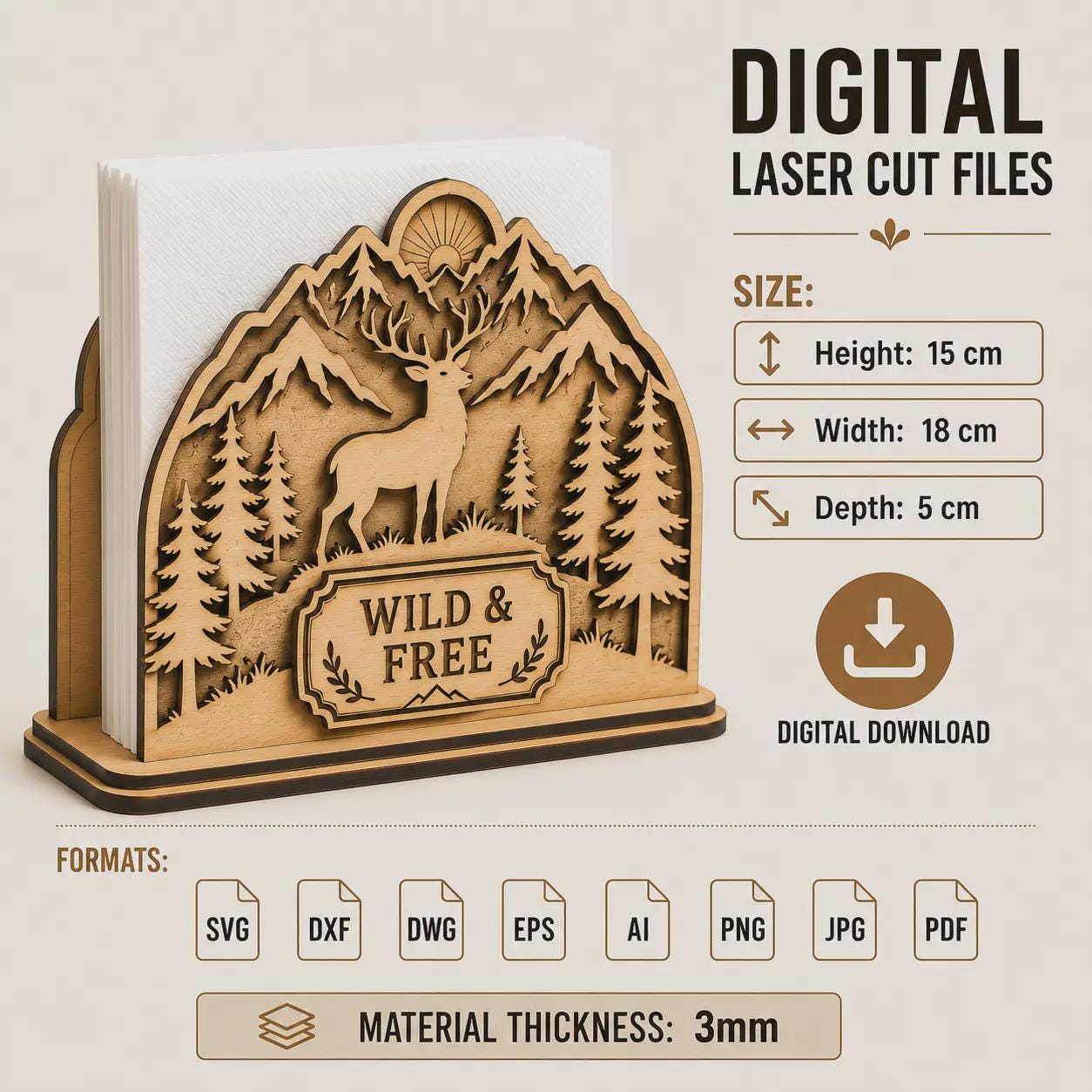 Layered deer napkin holder laser cut SVG with mountain scenery, pine forest silhouette, digital download formats, 3mm material information, and rustic woodland decor design.