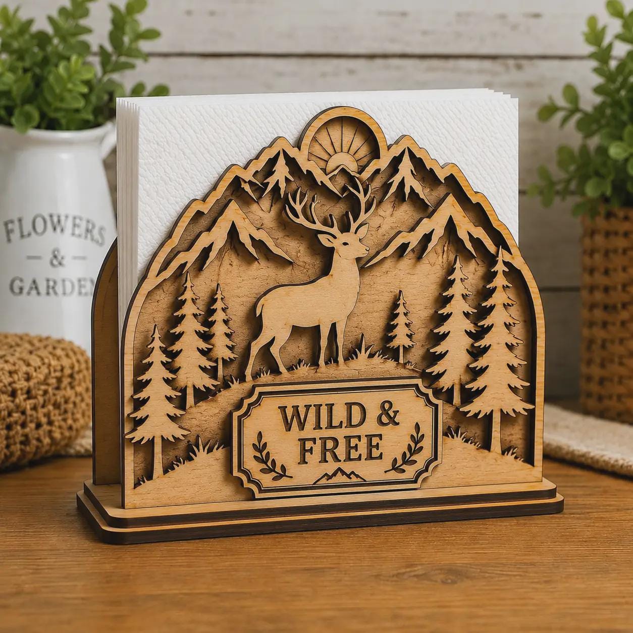 Honey bee themed napkin holder SVG shown as an additional laser cut design option, featuring honeycomb patterns, layered wood construction, and decorative farmhouse style.