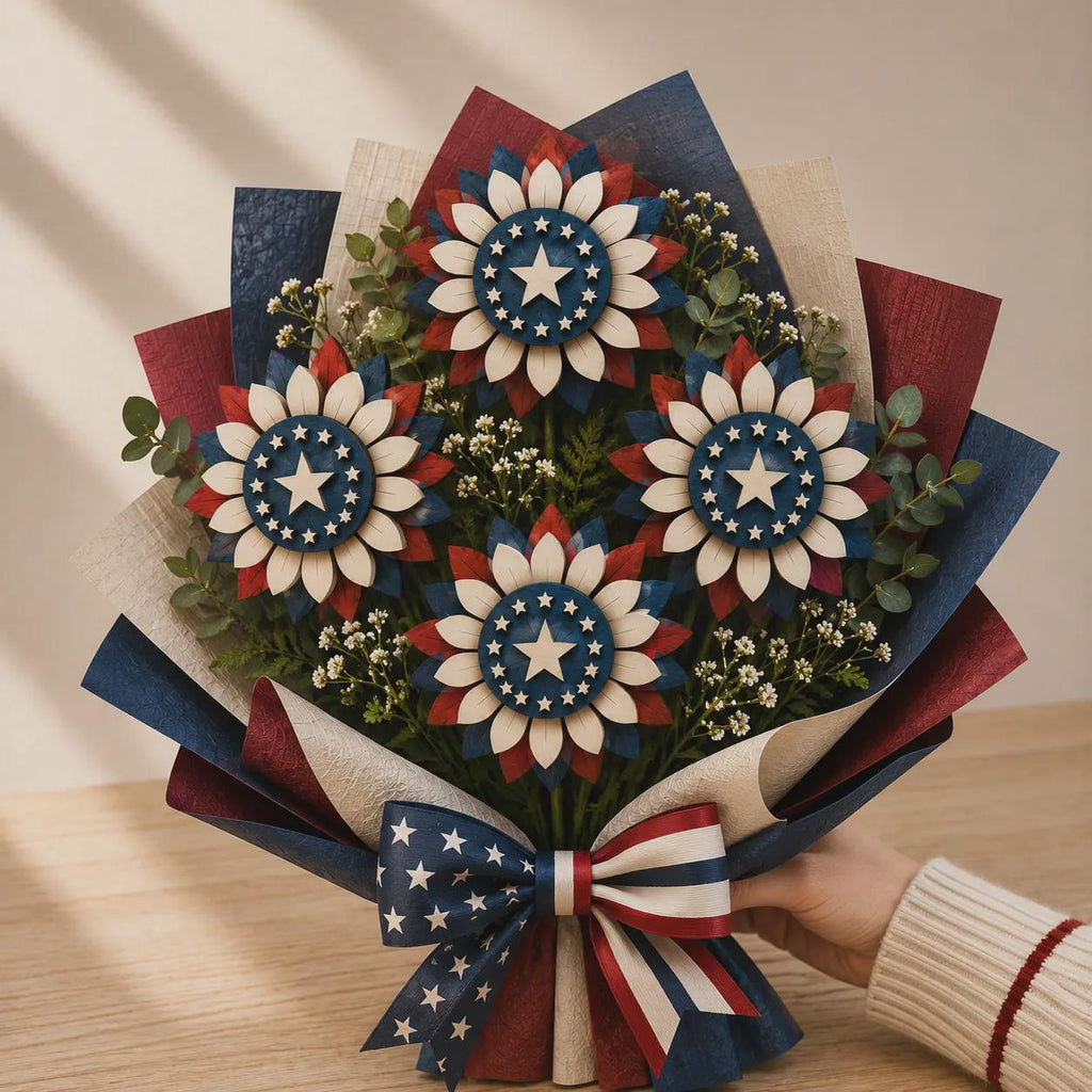 Patriotic flower bouquet SVG featuring four layered wooden flowers, festive red white blue colors, decorative greenery, and laser cut home decor design.