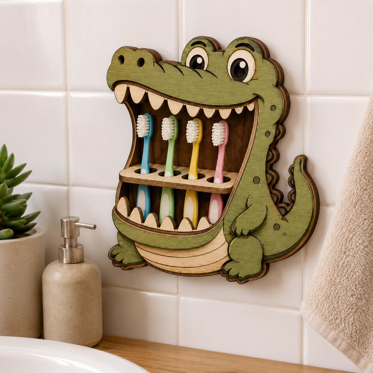 Wooden crocodile toothbrush organizer mounted on a tiled bathroom wall, featuring layered laser cut details and storage for multiple toothbrushes.