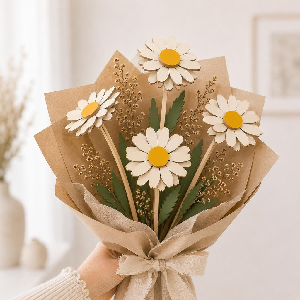 Wooden daisy bouquet laser cut SVG displayed in a modern vase. Layered floral design perfect for Glowforge, laser cutting, spring decor, Mother's Day gifts, and handmade wooden flower arrangements.