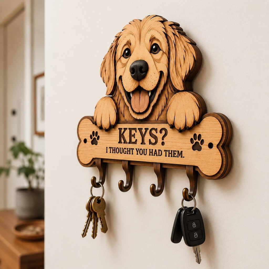 Layered wooden Golden Retriever key holder mounted on an entryway wall with hanging keys, decorative dog design, laser cut construction, and functional wall organizer.