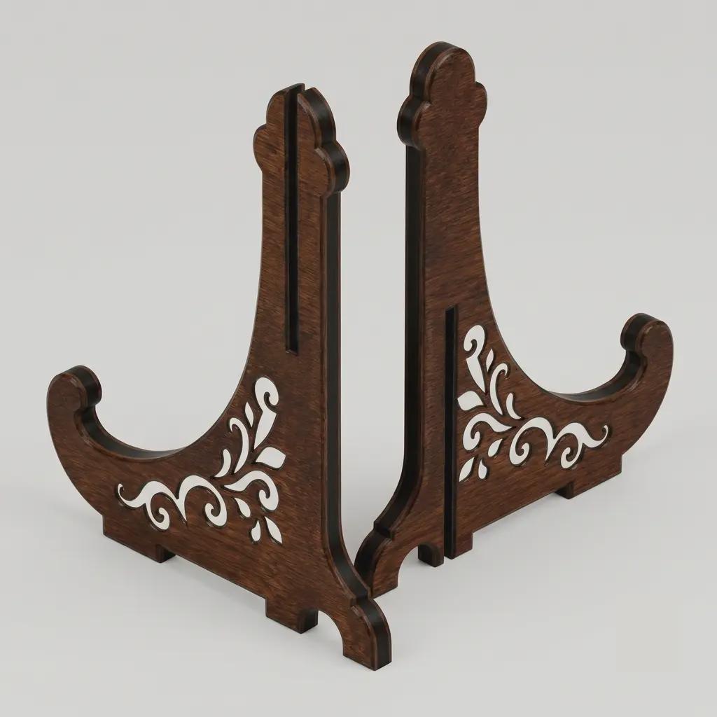 Elegant laser cut easel stand SVG with interlocking construction, decorative scrollwork accents, wooden finish, and display support for signs, plates, and photo frames.