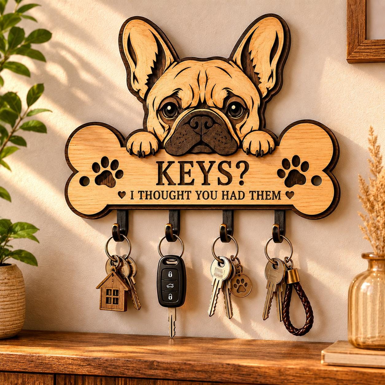 Wooden French Bulldog key rack mounted on a wall with hanging keys, adding functional storage and charming dog-themed home decor.