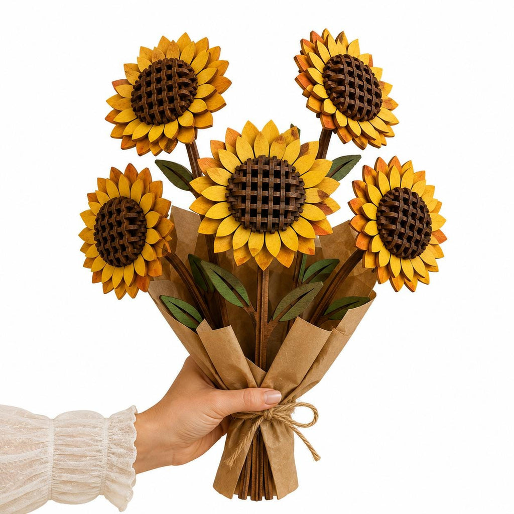 Wooden sunflower bouquet laser cut SVG with layered petals, woven centers, and decorative wrapping. Compatible with Glowforge, xTool, LightBurn, and CNC woodworking machines.