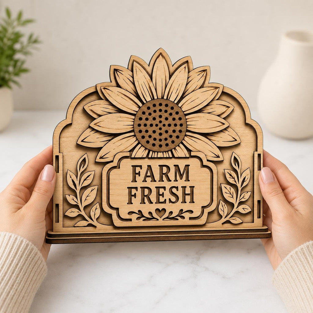 Elegant wooden sunflower napkin holder crafted from layered wood with a Farm Fresh farmhouse theme. SVG laser cut design for Glowforge, xTool, CNC routers, and home decor projects.