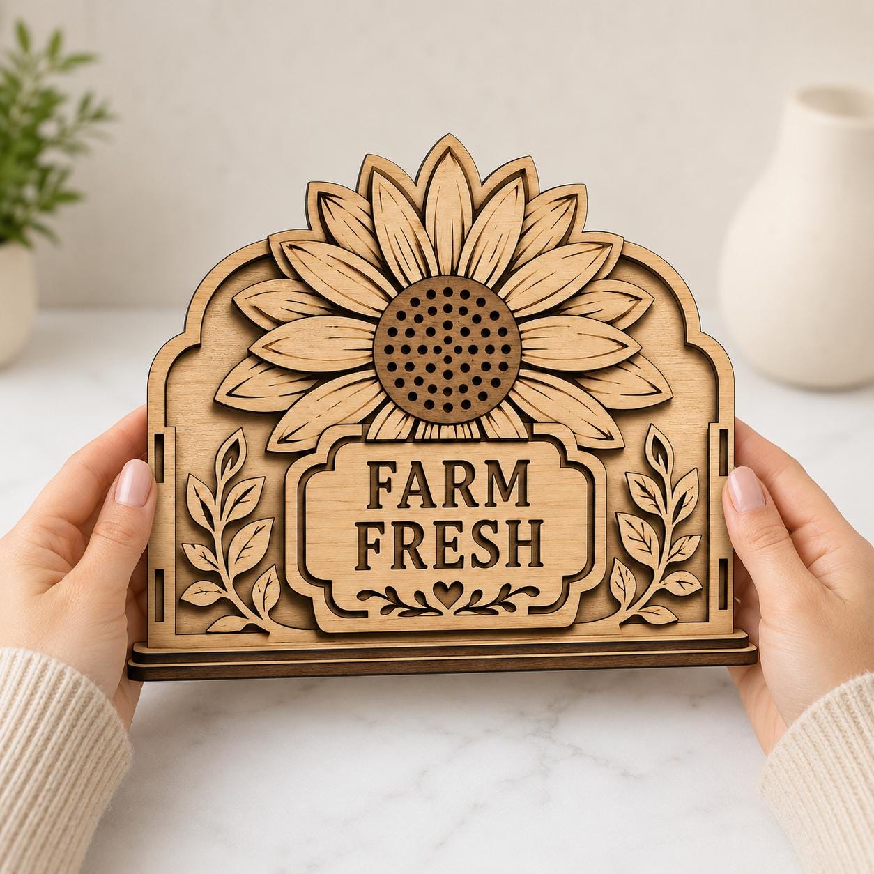 Elegant wooden sunflower napkin holder crafted from layered wood with a Farm Fresh farmhouse theme. SVG laser cut design for Glowforge, xTool, CNC routers, and home decor projects.