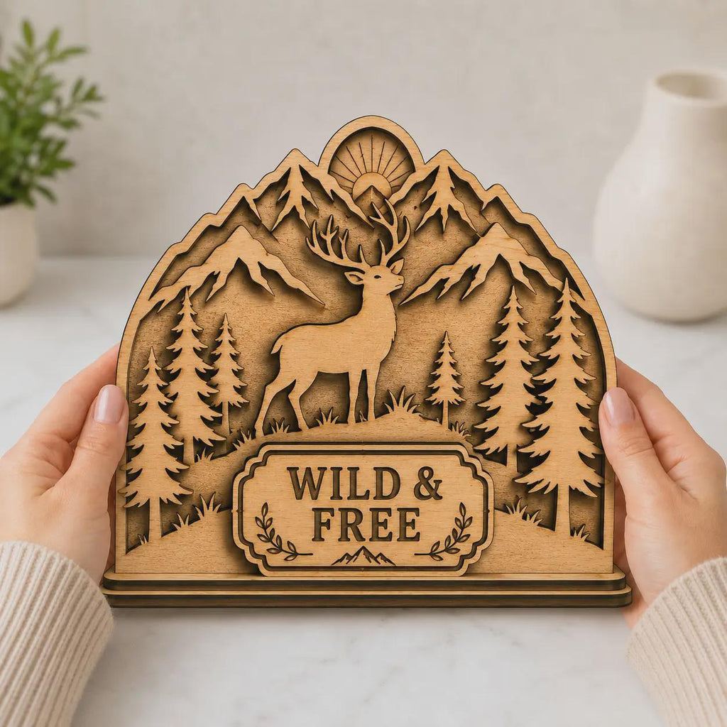 Handheld wooden deer napkin holder SVG featuring layered mountain backdrop, forest trees, wildlife theme, and decorative Wild & Free sign for laser cutting projects.