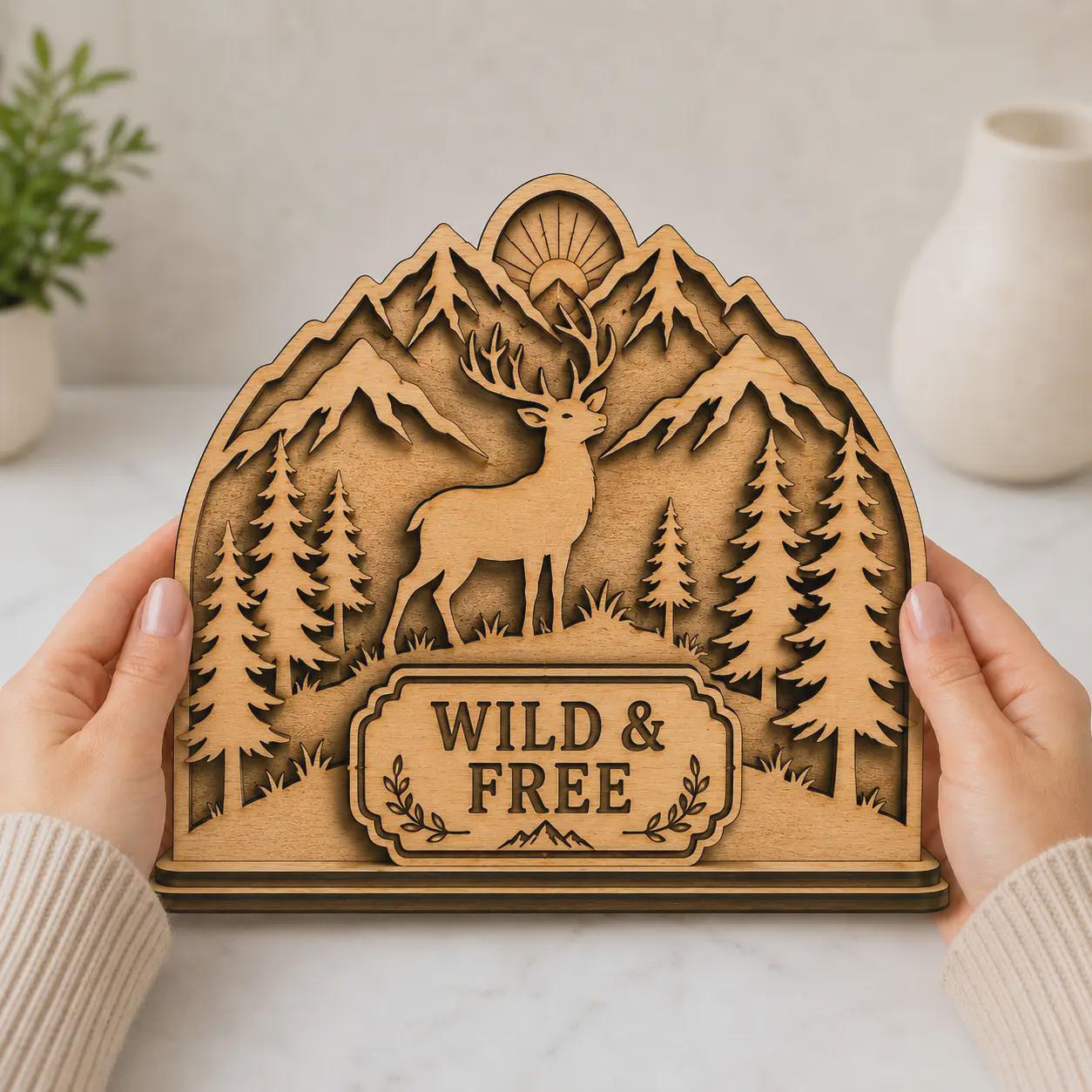 Handheld wooden deer napkin holder SVG featuring layered mountain backdrop, forest trees, wildlife theme, and decorative Wild & Free sign for laser cutting projects.